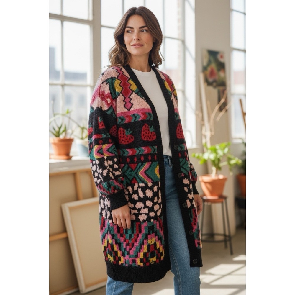 FARM Rio Vibrant Multicolor Patterned Long Cardigan — Pink, Black, Green, Red